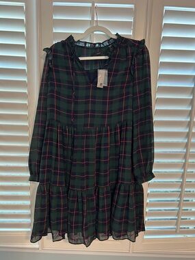 J. Crew Dark Green and Pink Plaid Tiered Long-Sleeve Dress